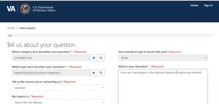 screen grab of the Ask VA portal